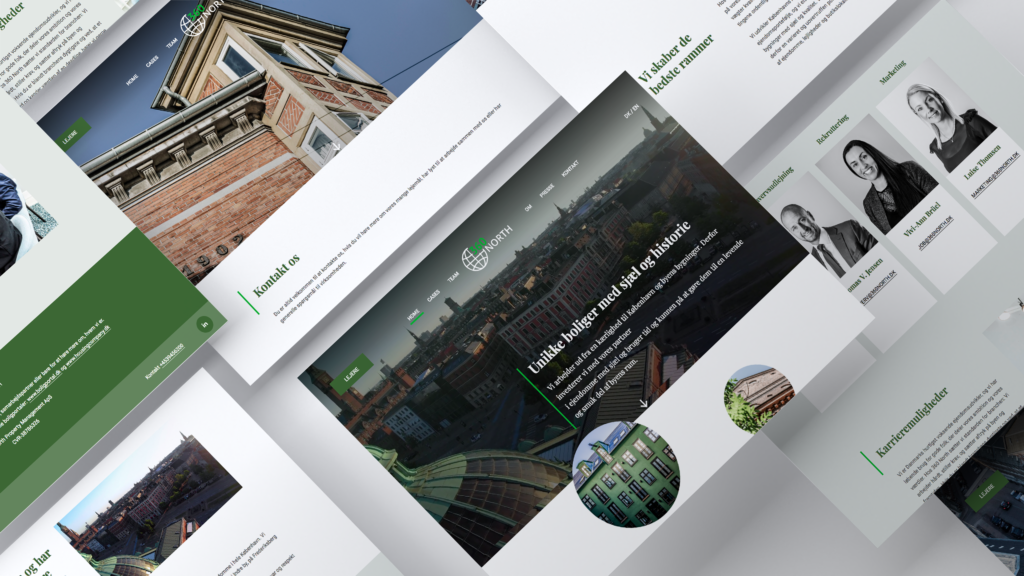360 North desktop mockup - mere visuelt. Preview af de forskellige sider fra hjemmesiden.